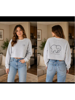 Women's IVORY ELLA Light Blue Elephant Fleece Cropped Sweatshirt L